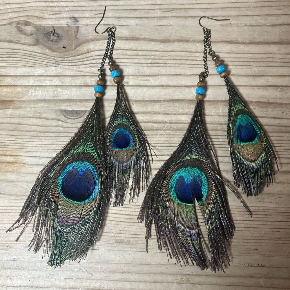 GENUINE DOUBLE PEACOCK FEATHER EARRINGS Dangle Bead Jewelry Natural Light Weight